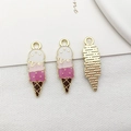 Three ice cream cone charms in pink and white enamel with gold accents for jewelry making - Long Ice Cream Charm