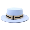 Detail of light blue wool boater hat featuring a khaki and black striped decorative band - One Size 58cm Circumference / Sky Blue