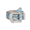 Blue denim belt with sparkling rhinestones and horseshoe buckle for vintage styling - Light Blue