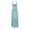 Close-up of sky blue satin evening gown featuring backless design and cowl neckline - S / Blue