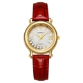 Elegant quartz watch for women with red leather strap and floating crystal dial design - Red