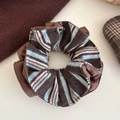 Oversized retro striped hair scrunchie in brown with vintage autumn style for women - Coffee Stripe Double Layer Scrunchie