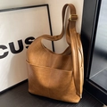 Retro brown large capacity bucket bag with front pockets and golden buckle strap - Brown