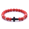 Beaded bracelet with red marble texture stones and a black matte cross charm - Red