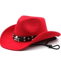 Chapeau de cowboy rouge en feutre de laine avec bande cloutée et crâne argenté - M(56-58CM) Réglable / Rouge