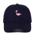Detailed close-up of pink flamingo embroidery on navy blue cotton baseball cap crown - Navy Blue