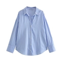 Oversized blue and white vertical striped long sleeve button-up poplin shirt for women - Blue and White Stripes