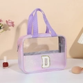 Borsa da trucco trasparente olografica viola con toppa a lettera D glitterata e manici - Lettera D / Viola