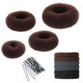 Brown hair styling set with sponge bun makers, U-shaped pins and elastic ties - 30-Piece Coffee Set / Brown