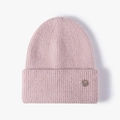 Chic pink knit beanie for women with a metallic M letter emblem and sparkling rhinestones - One Size / Pink