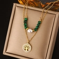 Double-layered 18K gold tree of life necklace with green beads and white pearl detail - Gold N-65 (Tree of Life)