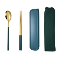 Portable 304 stainless steel cutlery set with gold utensils and dark green handles - Green Gold Spoon Chopsticks 2-piece Set with Mesh Bag