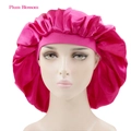 Extra large plum pink satin sleep cap with stretchy wide band for hair care - Rose Red