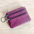 Purple genuine leather coin purse with lychee texture and three zipper pockets - Red Purple