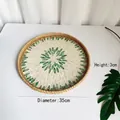 Handwoven rattan round tray with green and white shell inlay, diameter 35cm - Double Green Leaves / Large 35*3cm