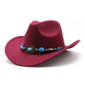 Detail of burgundy wool felt cowboy hat with ethnic beads and turquoise metal buckle - M(56-58cm) / Burgundy