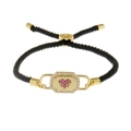 Adjustable black cord bracelet with gold heart padlock charm and pink cubic zirconia - Gold Heart Black Milan Rope