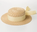 Detail of hand-woven wheat straw boater hat with a wide ribbon and elegant bow accent - 7cm Beige Ribbon