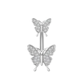 Dettaglio di un piercing all'ombelico in argento con due farfalle e zirconi incastonati - 2788 Doppio Farfalla Color Acciaio