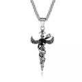 Detailed view of silver caduceus pendant with wings, snakes, and a black gemstone - Black Zirconia Snake Sword Style