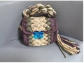 Handmade woven handbag in purple, white, and green with a blue acrylic buckle - Purple Beige Army Green