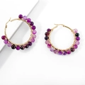 Bohemian gold hoop earrings with handmade wire-wrapped purple agate beads on white background - Purple Wire Wrapped Beads / Amethyst