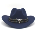Chapeau de cowboy en feutre bleu marine avec ruban ethnique et boucle tête de taureau - Bleu marine