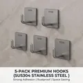 Set of 5 gunmetal grey J-shaped hooks made of 304 stainless steel with adhesive backing - Stainless Steel Square Hooks 5 Pack / Gunmetal