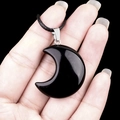 Polished black obsidian moon crescent pendant with adjustable black braided cord necklace - 30mm Obsidian