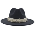 Elegant black wide brim wool fedora hat featuring a stylish pearl beaded band decoration - Dark Gray (Large Pearl)