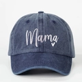 Adjustable washed navy blue denim baseball cap with white Mama embroidery and heart - Navy Blue