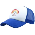 Blue and white I'M HAPPY rainbow trucker hat with breathable mesh and curved brim - Royal Blue