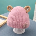 Pink knit baby beanie with cute brown plush bear ears and a small bear embroidery patch - Pink - Plush Ears