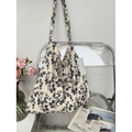 Floral canvas tote bag in off-white with black leaf pattern and MISS brand tag - All-over Black Floral(7#)