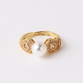 Elegant gold adjustable ring with central white pearl and sparkling zircon accents - Pearl Circular Hollow Style (款式四)