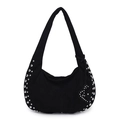 Black faux suede hobo bag with silver studs and heart charm in a crescent moon shape - Black