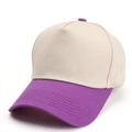 Detail of two-tone five-panel baseball cap showing stitching on the purple brim - Adjustable / Beige/Purple