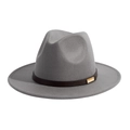 Close-up of grey felt fedora hat with brown leather band and gold metal buckle - M(56-58cm) / Grey + Black Belt