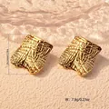 Golden square stud earrings with textured metallic finish and artistic 3D folds - Pleated Cube Style (FYD6068)