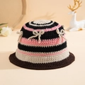 Striped knitted fisherman hat in black, pink, beige with cute bow decoration - One Size / Butterfly Striped Hat
