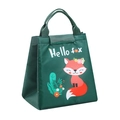Green insulated lunch bag with cute cartoon fox print and top handle for office workers - Dark Green Forest Fox