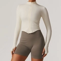 Veste de yoga slim blanc crème pour femme avec fermeture éclair et passe-pouces - Beige