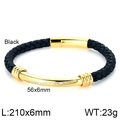 Men's black braided leather bracelet featuring gold-colored metal bar with rhinestones - 21cm / Black Leather Gold Color (KB117309-KFC)