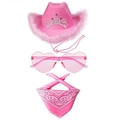 Set cappello da cowboy rosa con occhiali a cuore, piume e bandana paisley - Set 3 Pezzi Cowboy Rosa