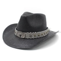 Classic black straw western cowboy hat with metal bull head emblem and curved brim - M (56-58cm) / Black