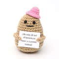 Handmade brown crochet potato doll with pink hat holding a white positive message card - Khaki Potato Pink Hat with Life Card