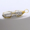 White turquoise hexagonal bullet pendant wrapped in golden wire for necklace - White Turquoise