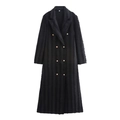 Stijlvolle zwarte lange trenchcoat met dubbele rij knopen, franjes en oversized model - XS / Zwart
