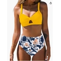 Two-piece bikini with yellow halter top and high-waisted jungle floral print bottoms - S / Yellow