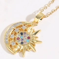 Goldener Sonnen- und Mond-Halskettenanhänger mit bunten Edelsteinen und Zirkonia - XL2118-1 Sonne Mond Bunter Zirkonia / Gold